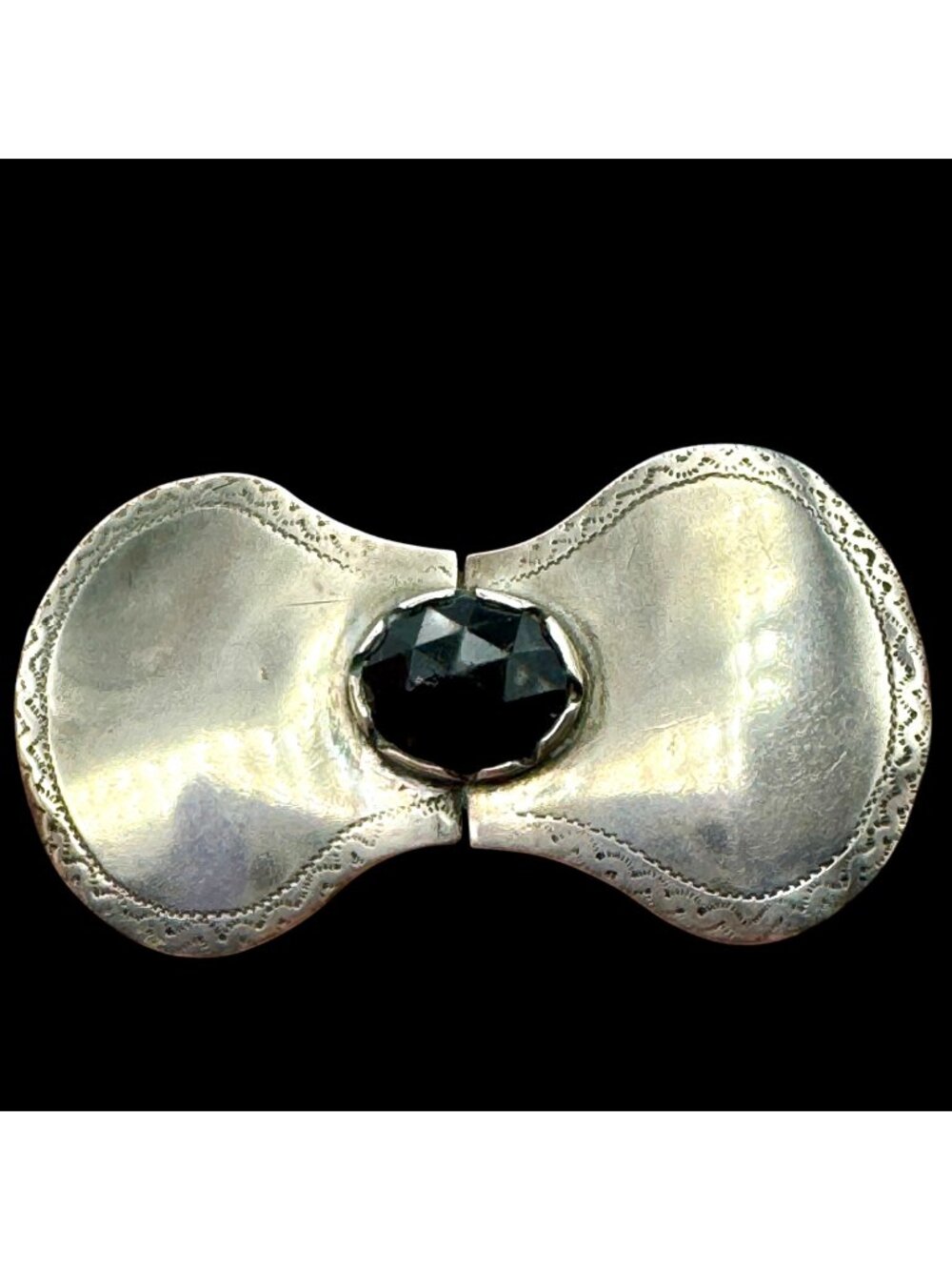 Antique Sterling Mourning Brooch Faceted Black Glass Stone Hinge Pin Signed WD